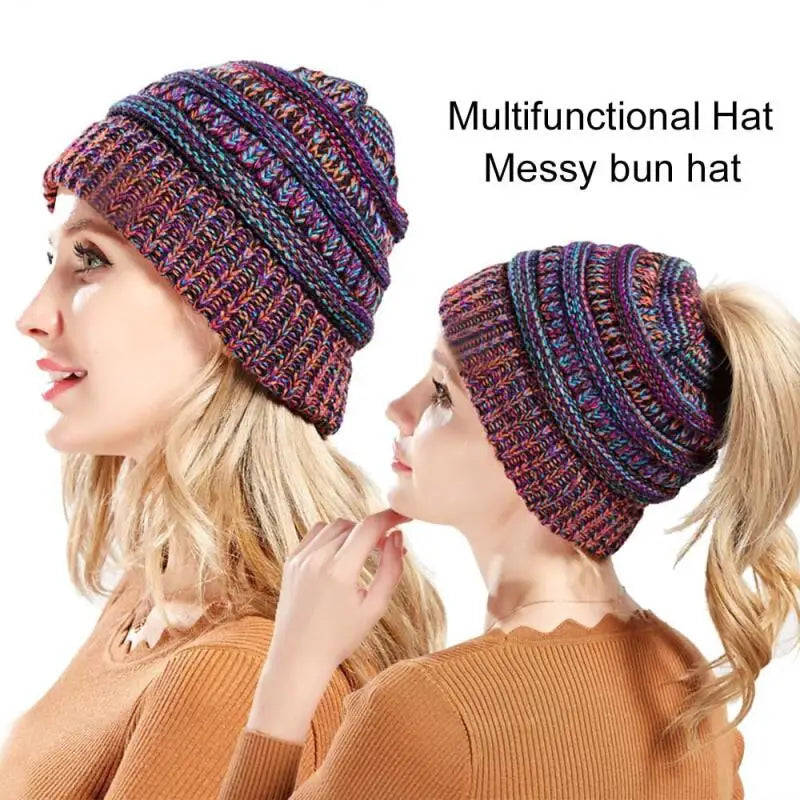 Tejesa Mixed color knitted woolen hat, women's ponytail hat, warm hat, toe cover, ear protection hat, hot selling