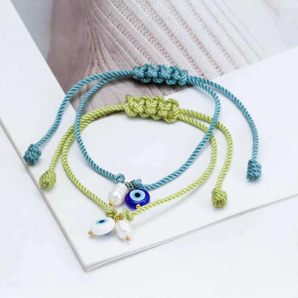 Lucky Eye Braided Rope Bracelet Adjustable Turkish Evil Eye Freshwater Pearl Bead Bracelet for Women Men pulseras bijoux צמידים