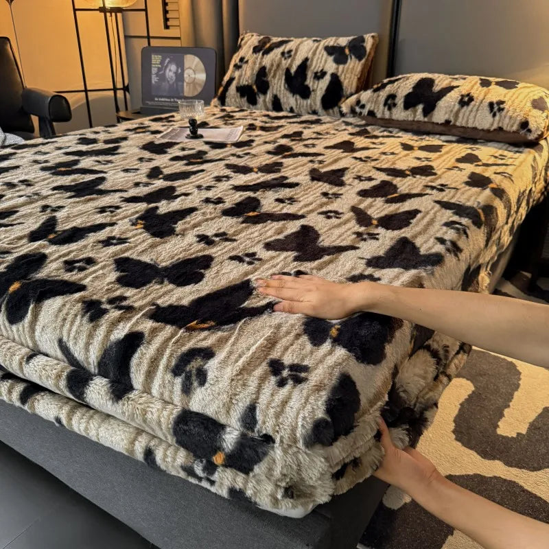 Thiened Rabbit Fur Bed Canopy Single Piece Winter Warm Fce Coral Velvet Full Wrap Mattr Protector Tee Piece Set