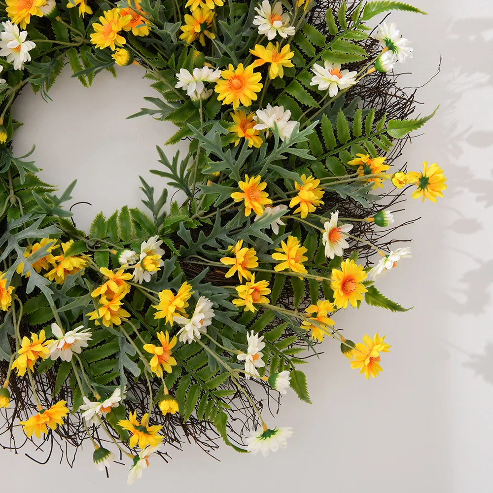 22'' Yellow Daisy Wreath Spring Summer Fake Silk Floral with Green Eucalyptus Leaves for Front Door Window Wall Farmhouse Decor