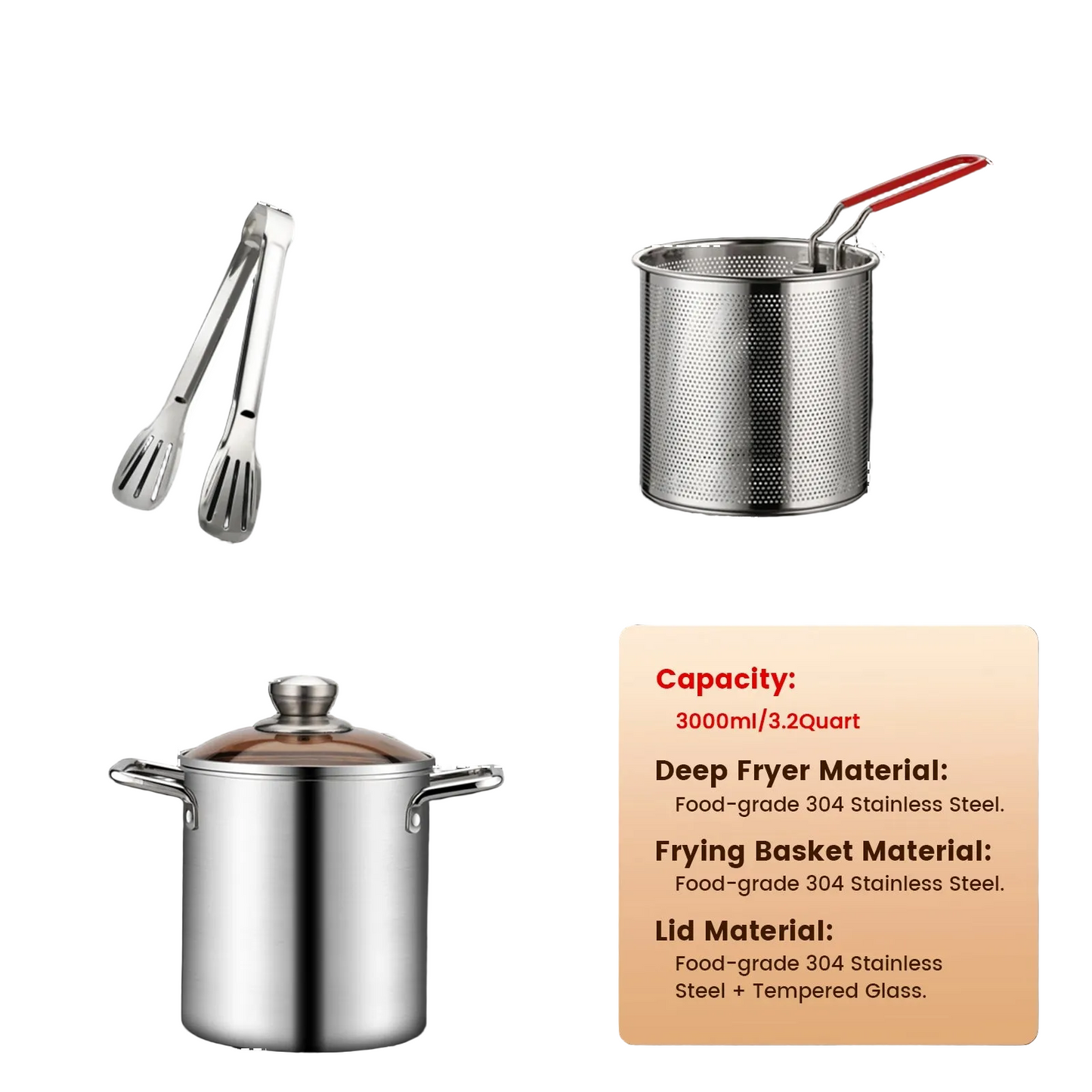 Tejesa Deep Fryer Pot Stainless Steel Fry Pot With Strainer and Lid Kitchen French Fries Chicken Cooking Tools Steaming Pot Fryer Pan