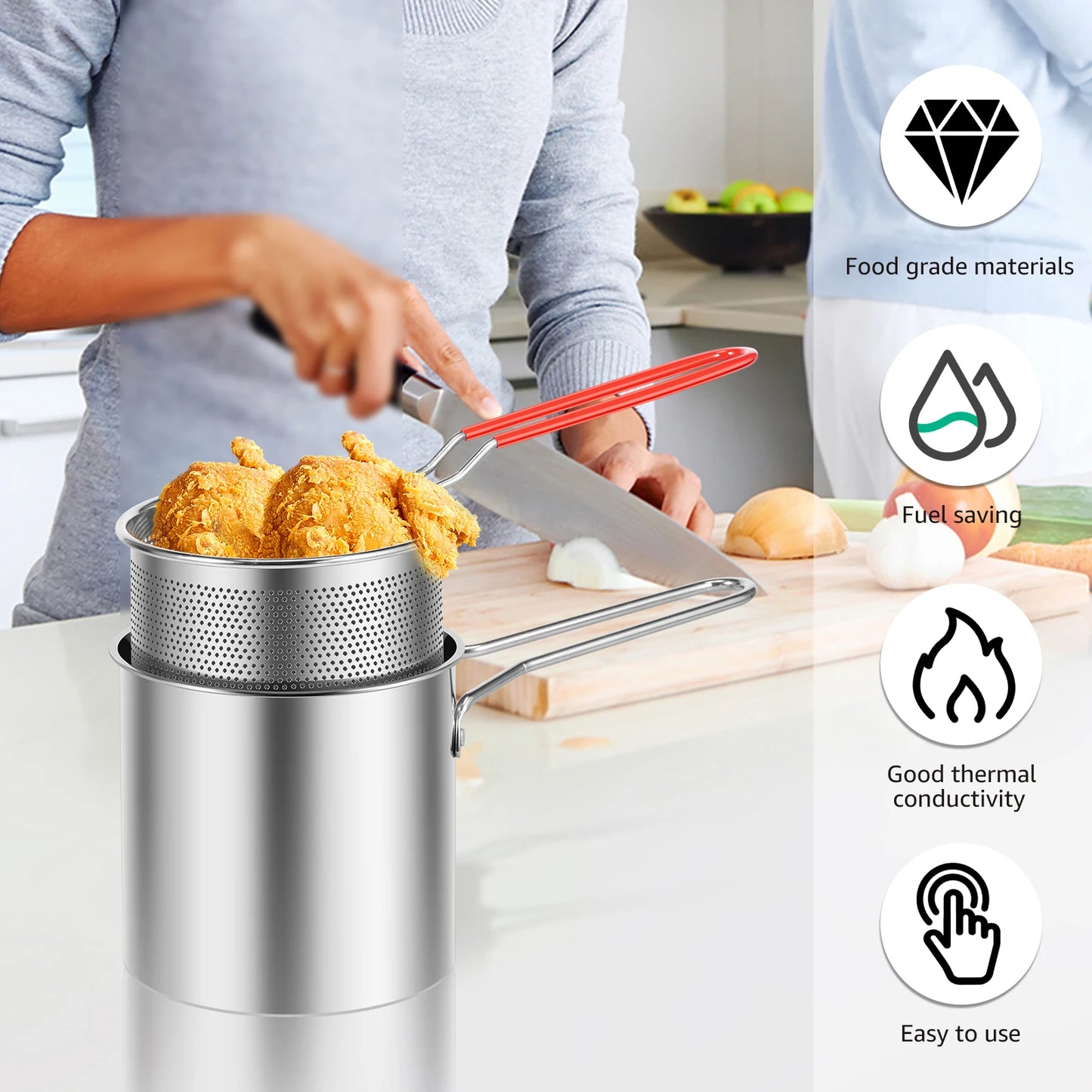 Tejesa Deep Frying Pot Stainless Steel Deep Fryer with Strainer Basket for Kitchen Dining Room Camping Picnic Fried Chicken Food Pan