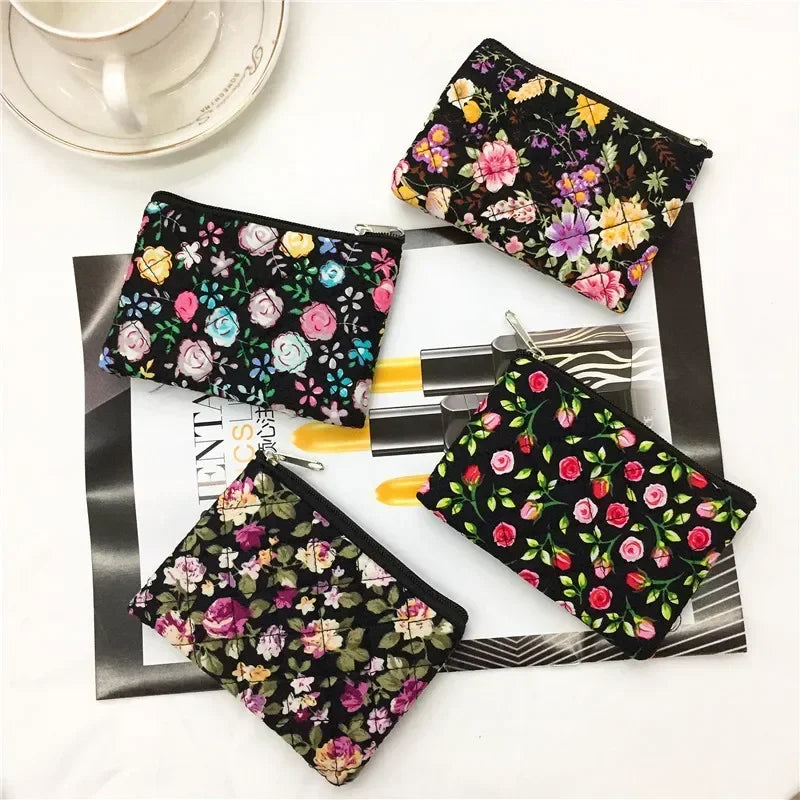 Tejesa Canvas Flower Random Mixed Coin Bags Purse/ Square Zipper Small Storage Bags/ Clutch Pouch Keys Earphone ID Credit Card Holder Bags