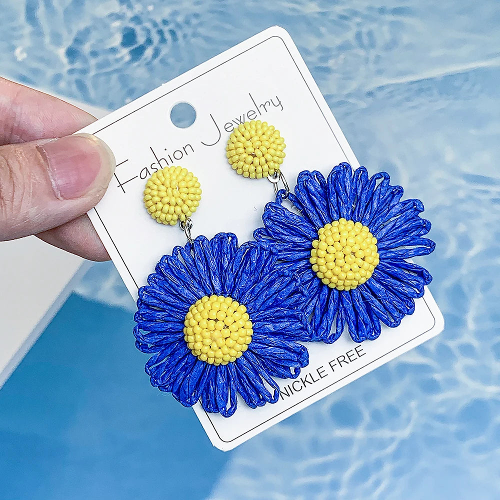 Colorful Sun Flower Raffia Bead Earrings For Women Girl Handmade Bohemian Rattan Knit Earrings Summer Party Jewelry Gifts
