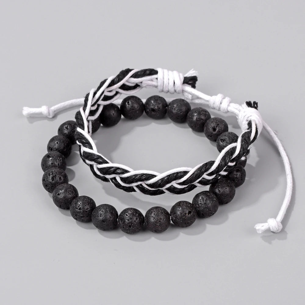 Tejesa 2pcs/set Boho Handmade Braided Rope Bracelet Natural Stone Lava Volcanic Beads Charm Bracelets Set Jewelry for Men Women Gift