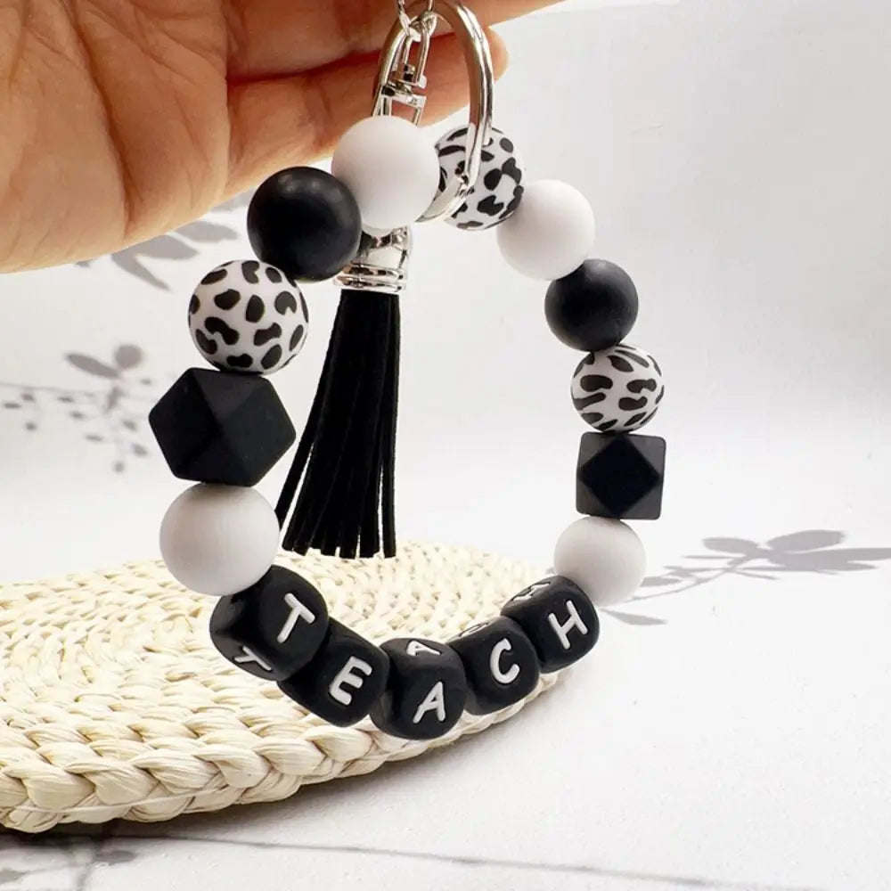 Portable Wristlet Keychain Silicone Beaded Stylish Teachers' Day Gift English alphabet Silicone Car Key Ring Holder Girls