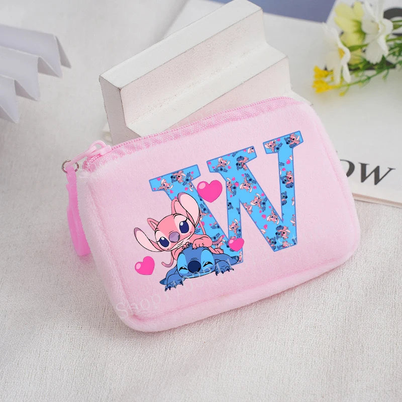 Disney Stitch Plush Coin Purse Cute Anime Cartoon A-Z Letter Stich Printed Wallet Kawaii Girls Earphone Storage Zipper Bag Gifts