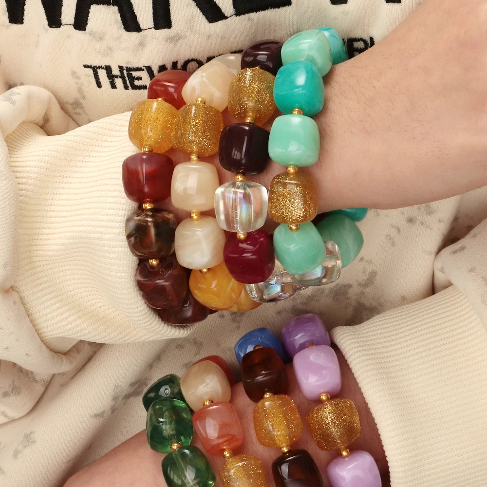 New Multicolor Acrylic Geometric Bead Bracelet for Women Trendy Resin Irregular Square Elastic Bracelets Handmade Jewelry Gift