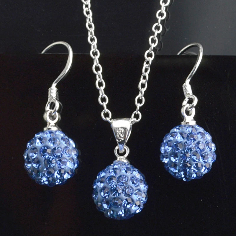 Brand Female Jewelry Set Women's Fashion Ab White Crystal 10mm Ball Drop Earrings Necklace Pendant Set Silver Color Wholesale