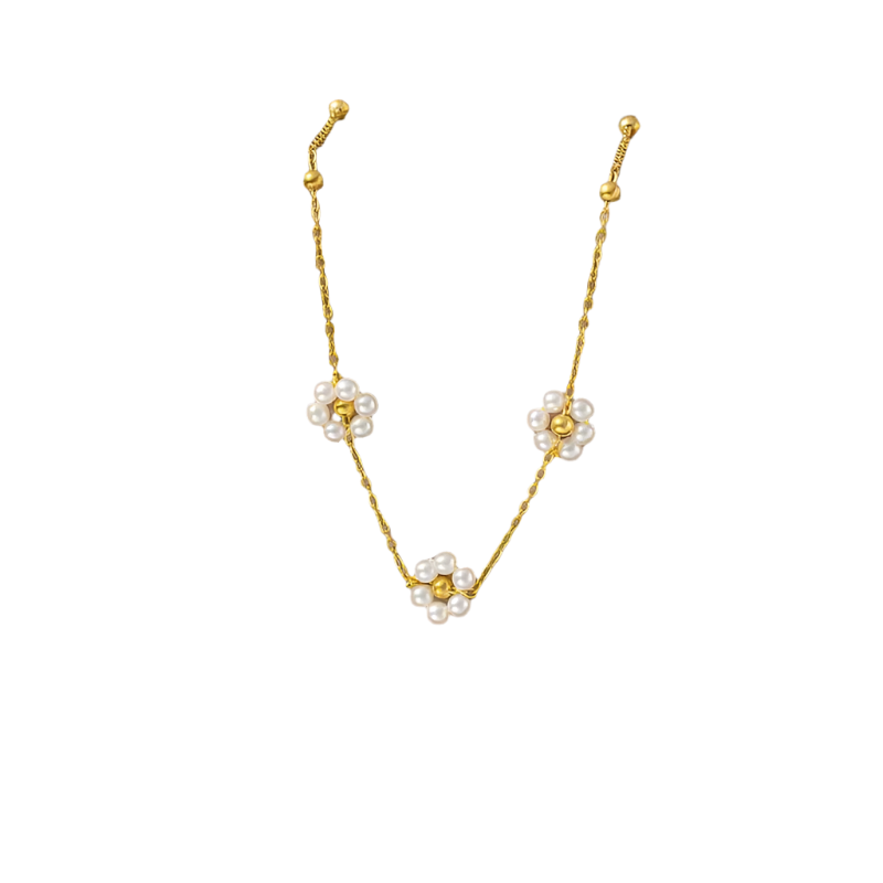 Hemasa Stainless Steel Gold Color Pearl Flower Necklace For Women / Handmade Pearl  Beaded Necklaces Wedding Jewelry