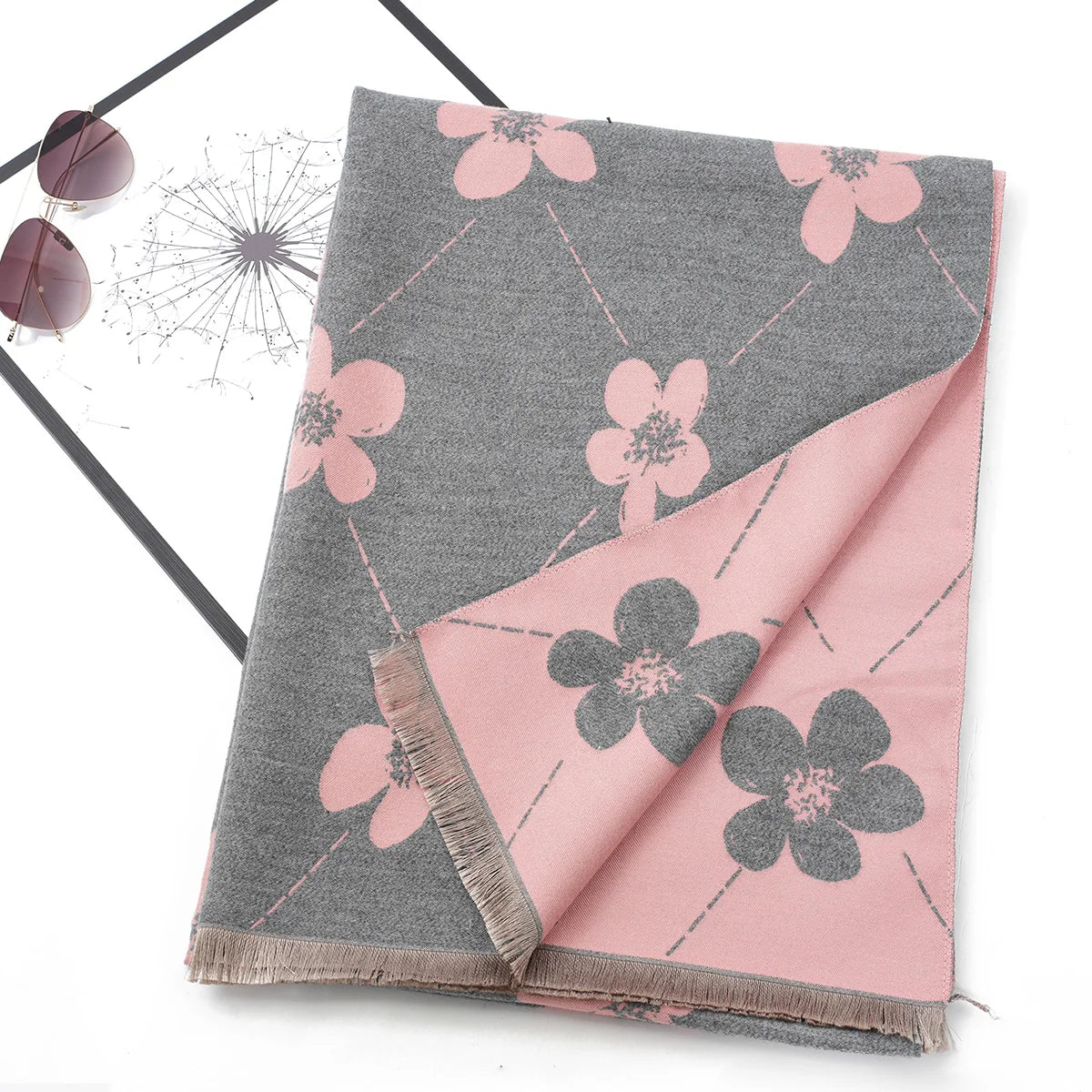 Hot selling imitation cashmere face dual color flower jacquard pashmina long style soft and warm casual short beard scarf shawl