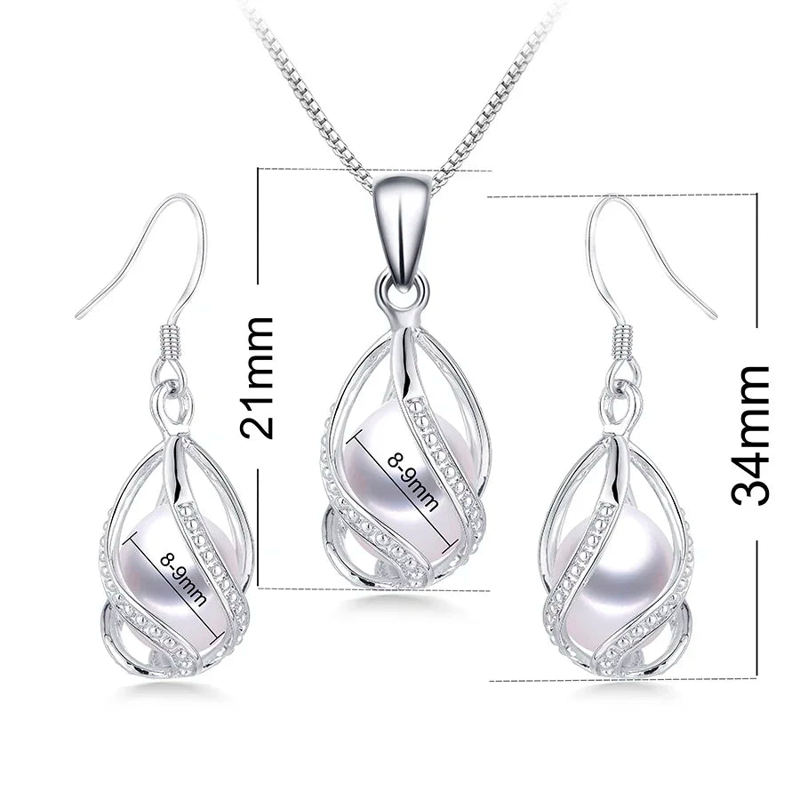 YWYC 8-9mm Natural Freshwater Pearl In Cage Pendant Necklace Drop Earrings & Pendant Jewelry Set for Women