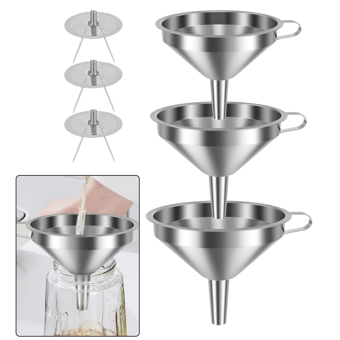 Tejesa 4Pcs Stainless Steel Funnel Kitchen Funnel with 3 Removable Strainer for Transferring Liquid Oils Jam Dry Ingredients and Powder