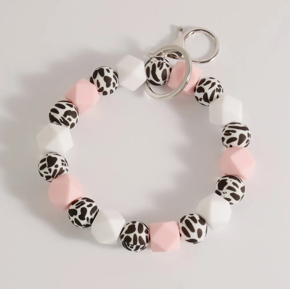 Heamsa  Bangle Mint White Cows Print Silicone Beads Cow Print MAMA Keychain Wristlet Fashion Bag Pendants Gifts for Women