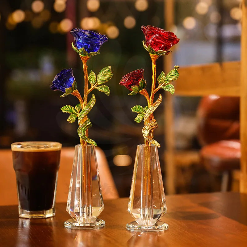 Hemasa Valentine's Day 30cm Crystal Glass Rose Ornaments Vase/ Living Room Decorations