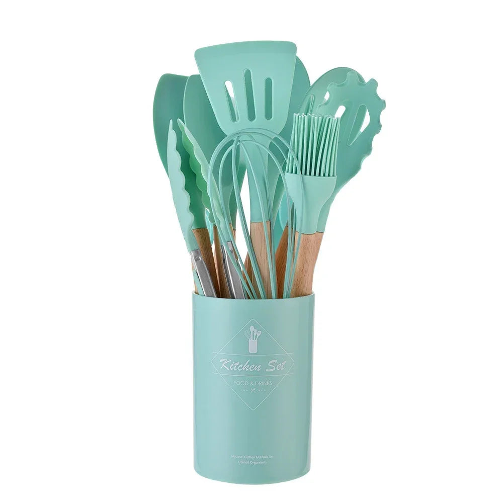 Hemasa 12PCS Silicone  Non-Stick Cookware Kitchen Utensils Set Spatula Shovel Egg Beaters Wooden Handle Cooking Tool Set