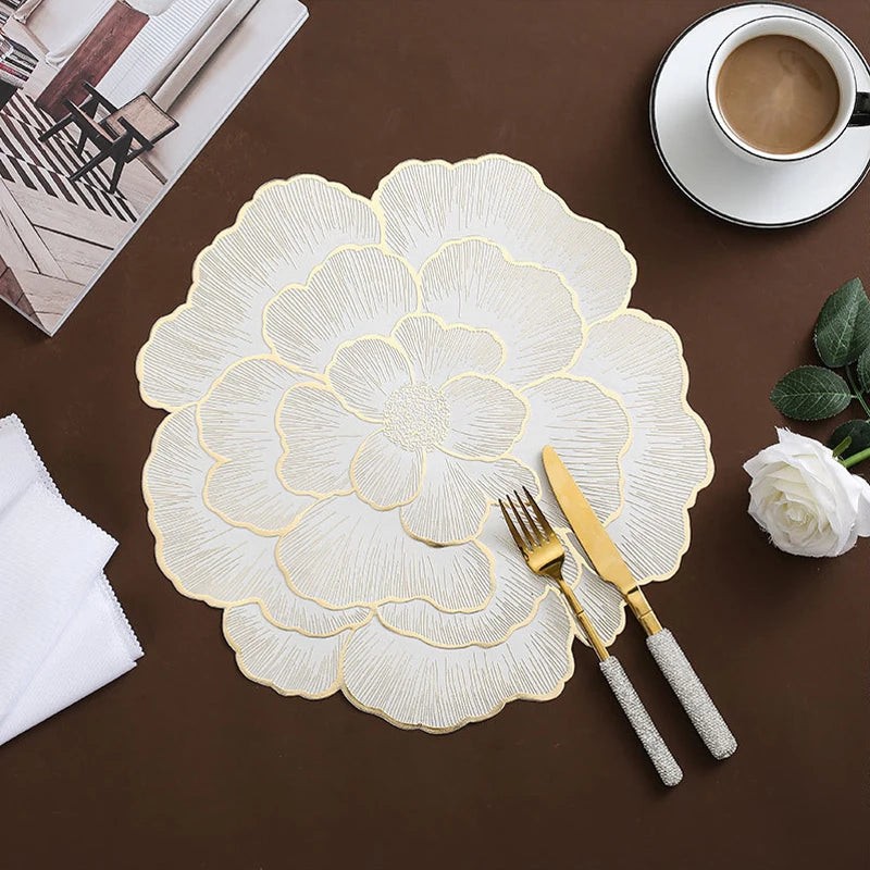 Hemasa Creative Peony Placemat Nordic Style Gold Plated Home Coasters PVC Dinning Table Decorative Mat Anti Slip Waterproof Meal Mat