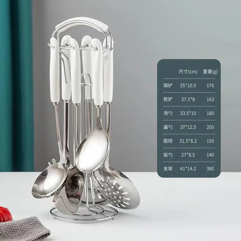 Hemasa 7pcs Stainless Steel Spatula Soup Spoon Kitchenware Set Cooking Spatula /Ceramic Handles