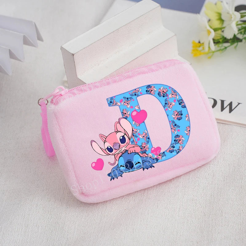 Disney Stitch Plush Coin Purse Cute Anime Cartoon A-Z Letter Stich Printed Wallet Kawaii Girls Earphone Storage Zipper Bag Gifts