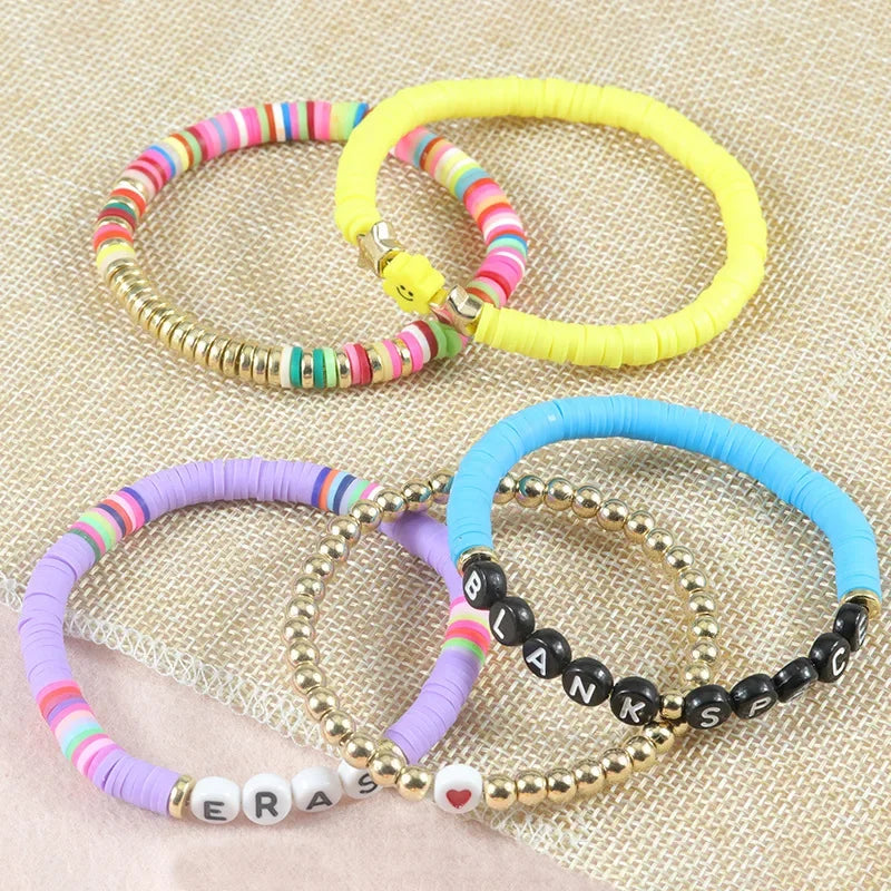 Hemasa  5pcs/set Multilayered Colorful   Bracelet Set Letter Bead Elastic Bracelets