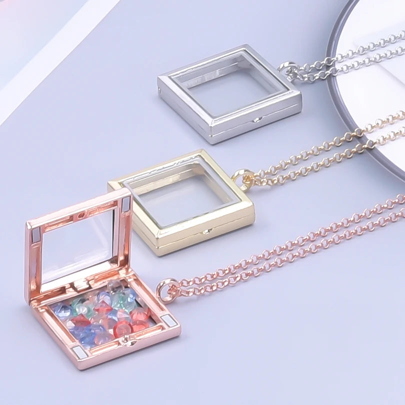 Fashion Neckale for Women Rose Gold Color Glass Floating Locket Alloy Pendant Medallion Photo Collars 60cm O-shape Chain Jewelry