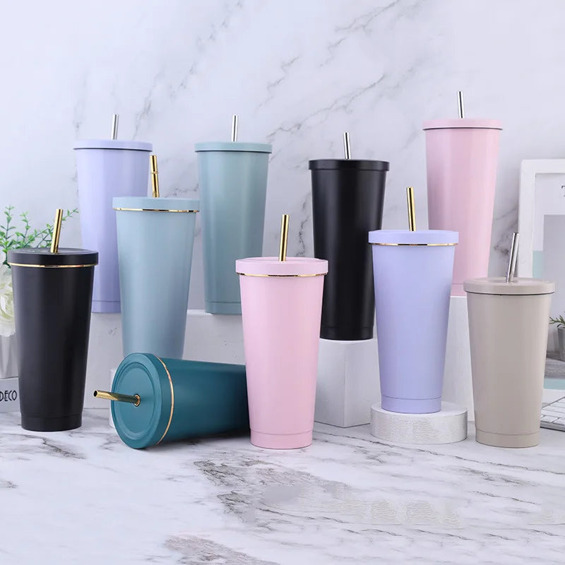 Hemasa New Vacuum Insulated Mug Stainless Steel Thermos Cup Car Coffee Drinking Cup With Straw