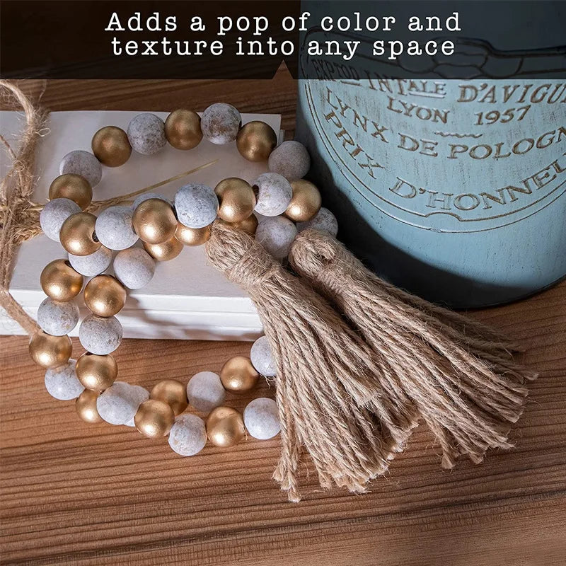 Hemasa Wooden Handmade  Natural Wood Bead Garlands Macrame home decor Farmhouse Rustic Tassel Decoration Wall Hangin