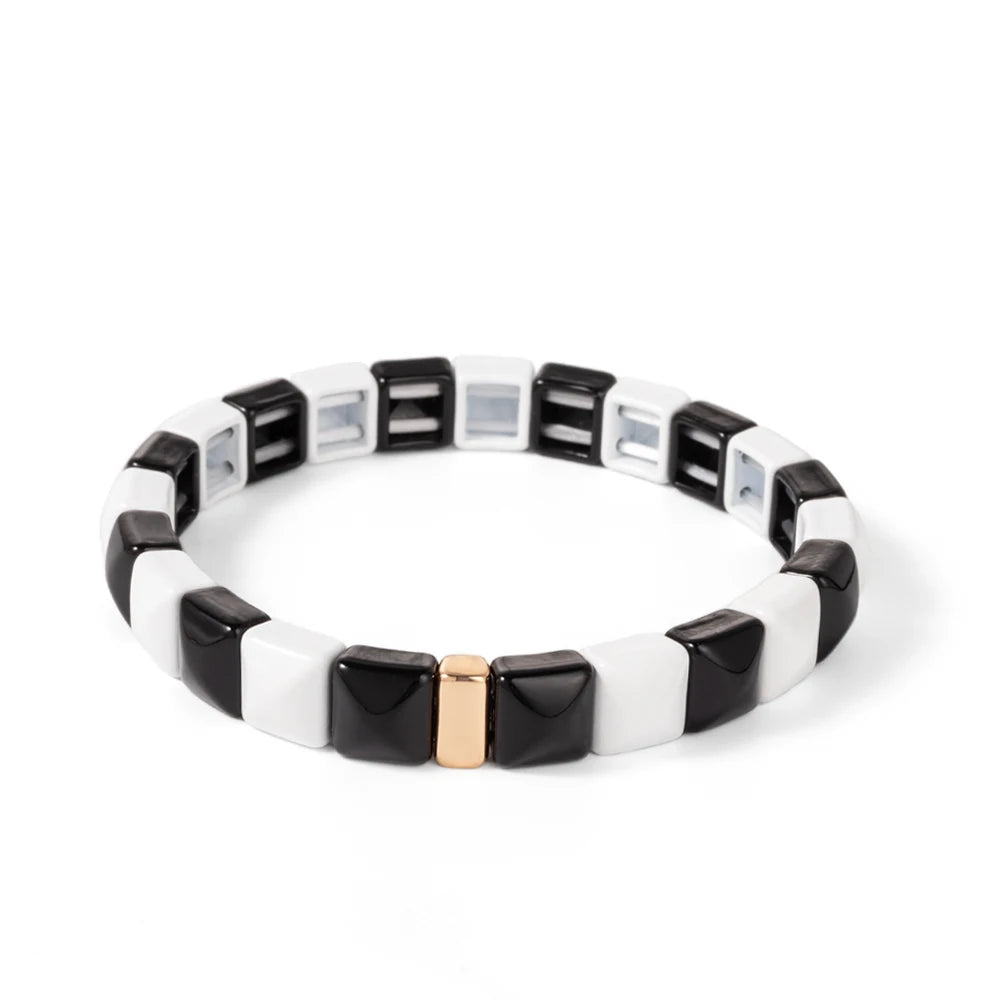 Tejesa Colorful Enamel Square Shape Rhombus Faced Bohemain Geometric Elastic Bracelets For Women