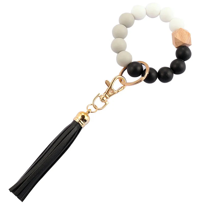 Hemasa  Silicone Wood Beads Keychain Keyring For Women Wristlet Bracelet Pendant Keychain With Jewelry Accessories