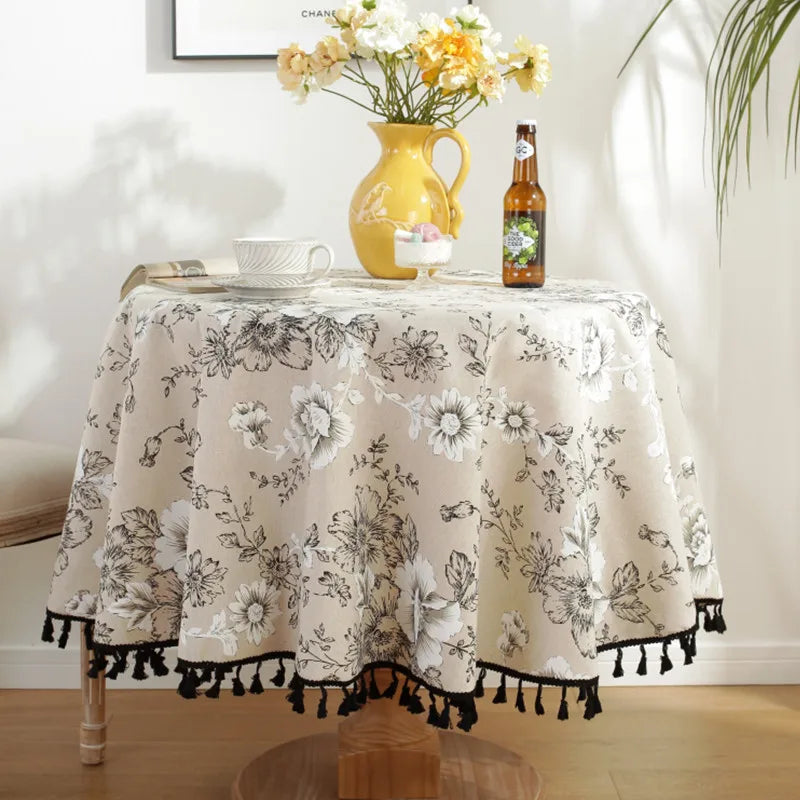 Green Leaves Print Round Tablecloth Cotton Linen Boho Table Cloth with Tassels for Kitchen Restaurant Christmas Party Decoration