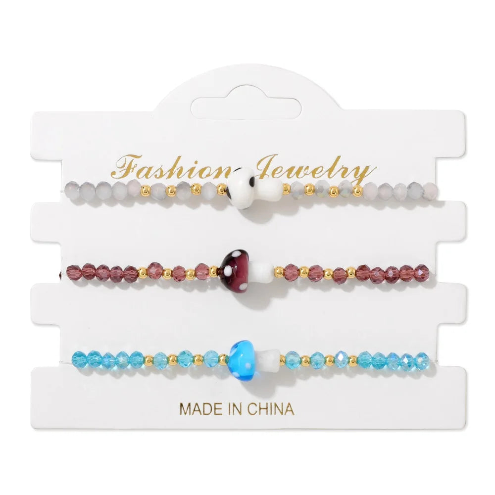 Tejesa 3pcs Handmade Crystal Glass Beads Bracelet Cute Mushroom Charm Bracelets for Women Girls Lucky Fashion Set Jewelry Gift 3x4mm