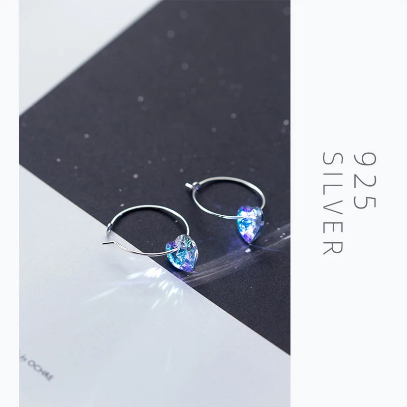 Modian Sparkling Blue Crystal Swing Hoop Earrings For Women Classic Heart 925 Sterling Silver Luxury Jewelry Female Accessories