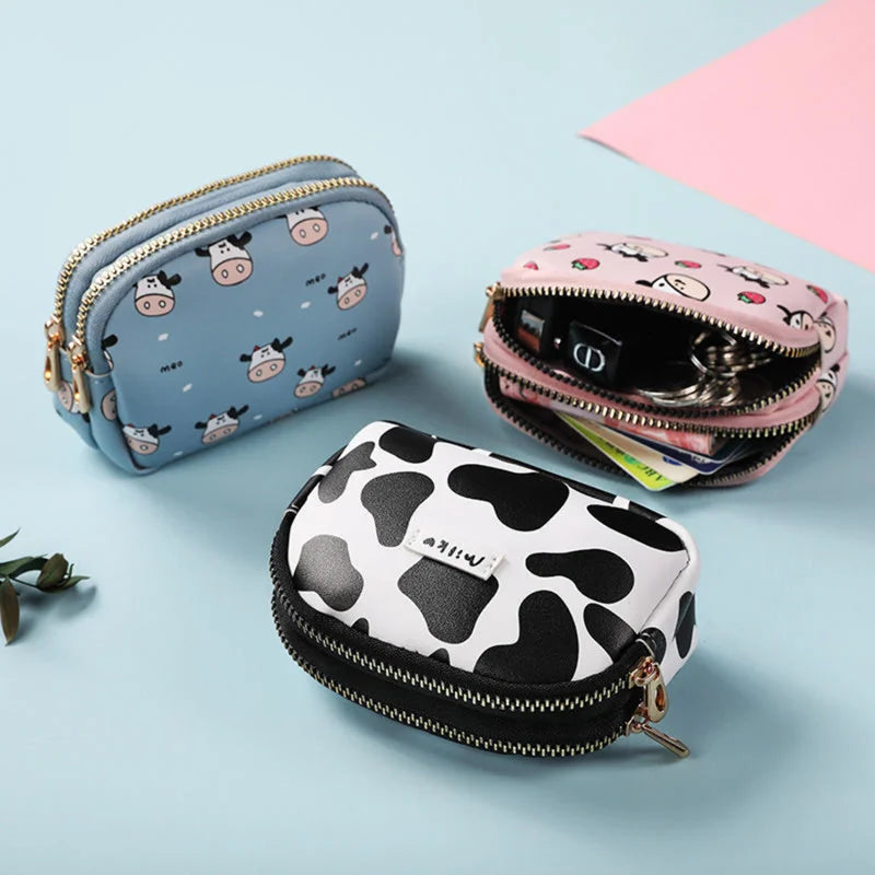 Cute Cow Pattern Coin Purse For Women Card Wallet Students Double Pocket Zipper Key Bag Portable Lipstick Bank Card Storage Bag