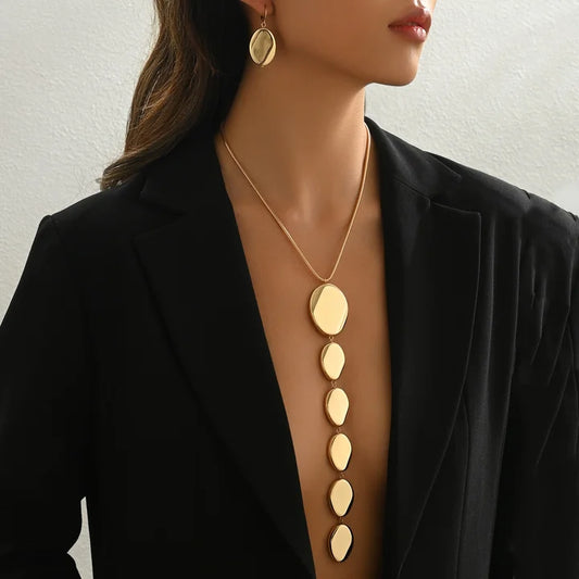 2-Piece Set Fashion Minimalist Earrings Necklace Jewelry Set Smooth Pendant Long Y-Shape Metal Style Jewelry Set
