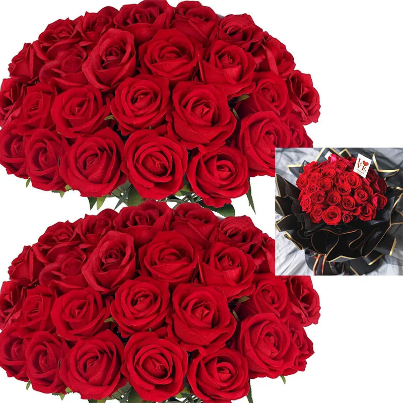 Tejesa 50 Pcs Velvet Rose Artificial Rose Flowers Real Touch Fake Roses Florals for Valentine's DIY Wedding Bouquet Party Home Decor