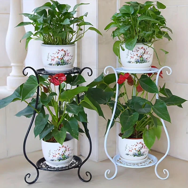 Tejesa  Double-Layered Metal Flower Rack Stand - Multi-Layer Floor Standing Plant Display with Modern European Style for