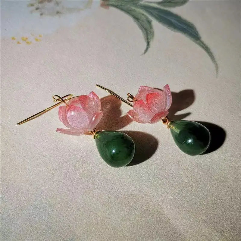 Unique Exquisite Lotus Earrings Elegant Pink Lotus Flower Drop Earrings Women Creative Statement Jewelry Wholesale Accessories