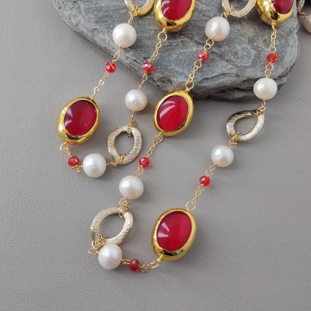 yygem 22x27mm Cultured White Pearl Red Quartz Chain Long Station Necklace Handmade