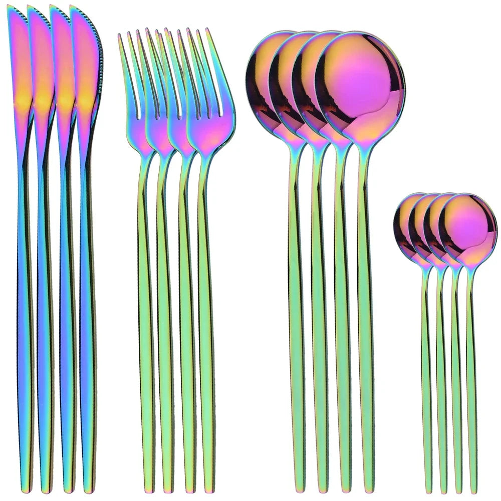 Hemasa 16Pcs Cutlery Set Stainless Steel Mirror TablewareDinner Black Gold Dinnerware Set Knife Fruit Fork Spoon Silverware Kitchen