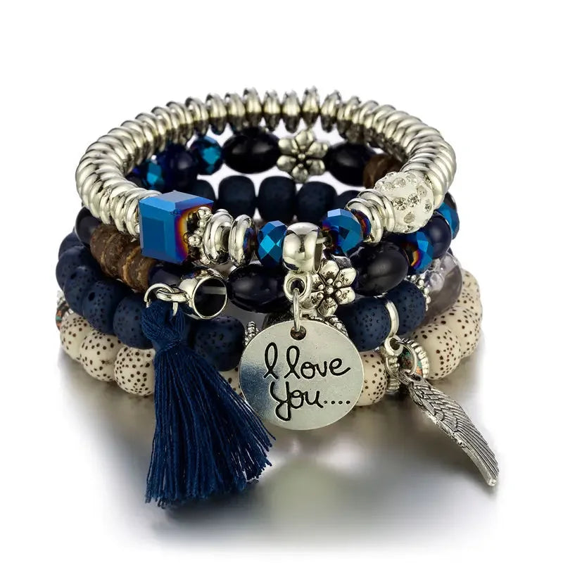 4Pcs Bohemian Beaded Bracelet Set For Women I Love You Letter Round Wing Tassel Charm Elastic Chain Bangle Girls Boho Jewelry