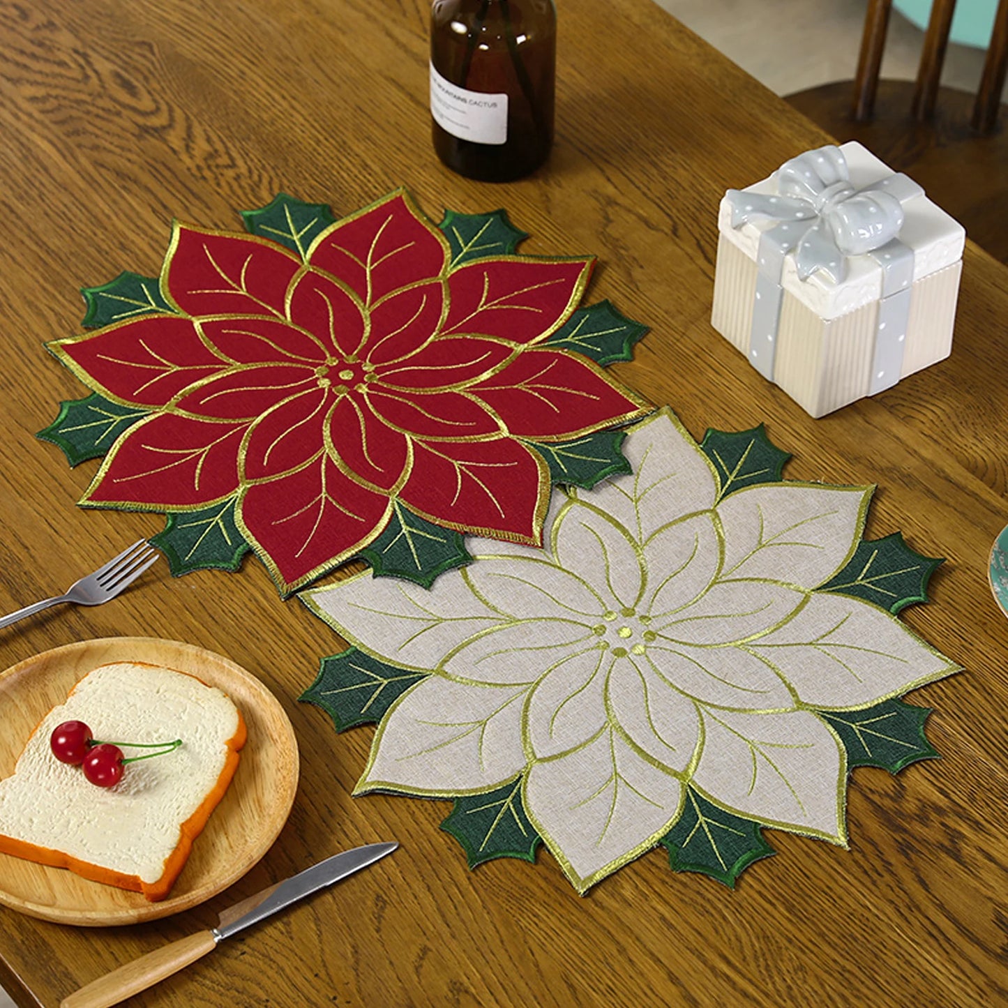 Poinsettia Table Runner Christmas Placemat Insulation Pad Holly Leaf Mat Versatile Gift Scald Proof Red Fruits Linen Plus Sponge