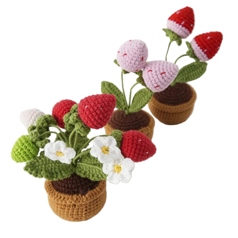 Hemasa Strawberry Crochet Potting Cute Kintted Flowers /Handwoven Flowers for Table Car Bookshelf Home Decor Gift Crochet Strawberry