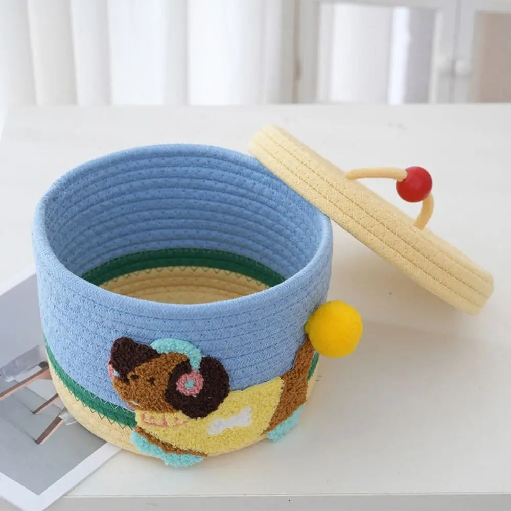 Cartoon Cotton Rope Storage Basket Round with Cover Snack Organizer Box Dachshund Pattern Decorative Hand Woven Basket
