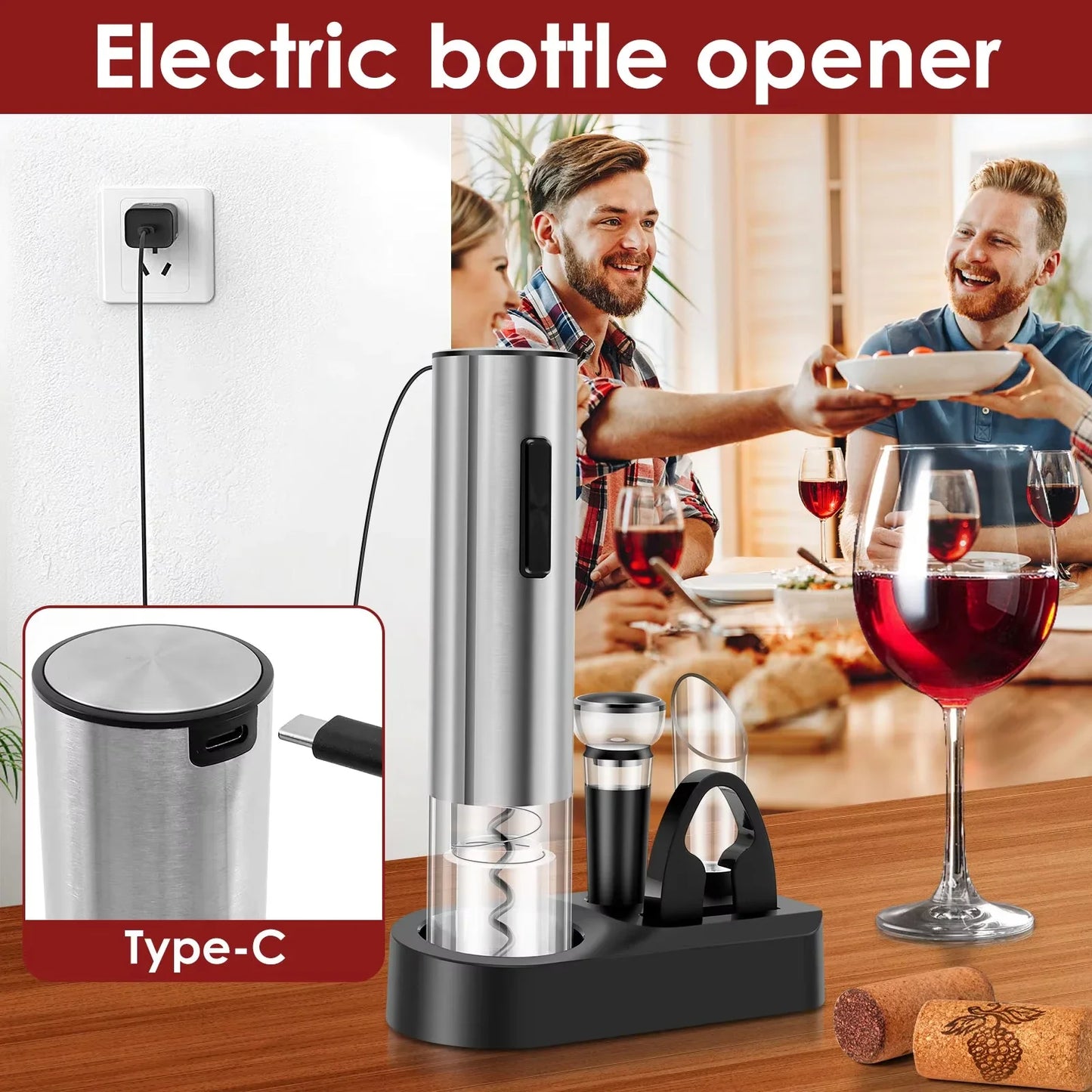 Tejesa 4In1 Electric Wine Opener Set /Rechargeable Automatic Corkscrew Bottle Opener with Foil Cutter Pourer Vacuum Stopper Storage Base