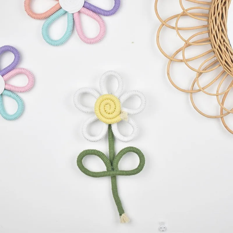 Bohemian Handwoven White Daisy Flower Wall Decor INS Style Nordic Macrame Flower Ornaments Home Kids Room Nursery Decor
