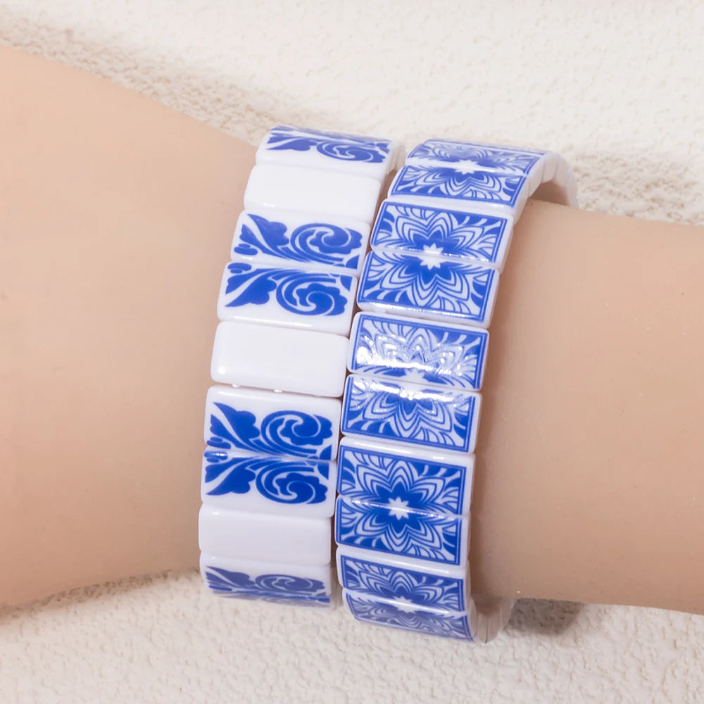 8x16mm Plastc Chinese Blue and White Porcelain Texture Beaded Bracelets For Women Handmade Spring Hand Accessory