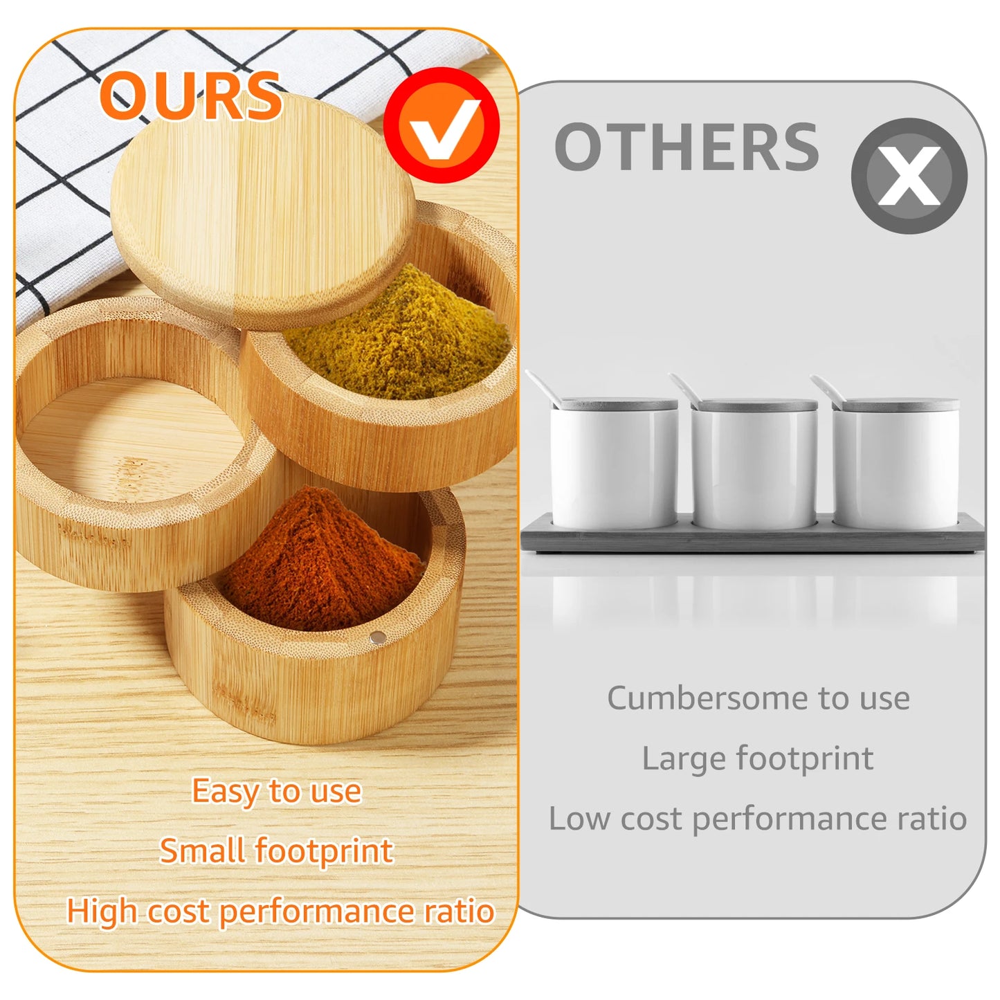 Tejesa 3Tier Salt Box Spice Jar Kitchen Seasoning Jar Bamboo Pepper Container Jar with Magnetic Lid Candy Earring Jewelry Salt Storage