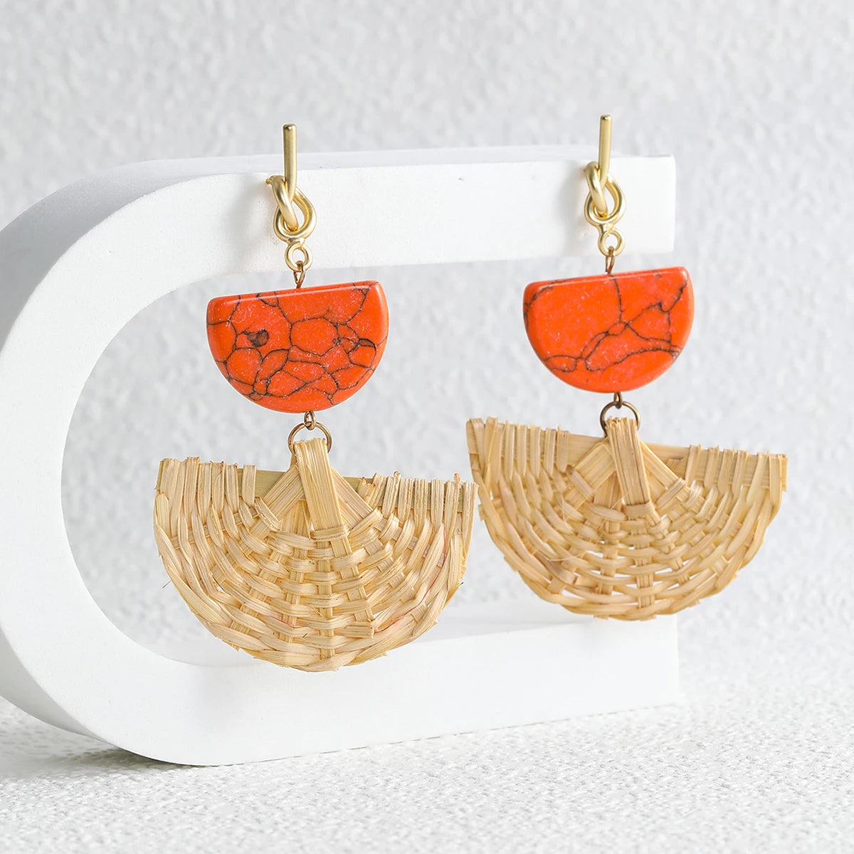 Half Round Natural Stone Rattan Drop Earrings For Women Fashion Trend Ladies Round Earring Birthday Party Gift Jewelry Wholesale