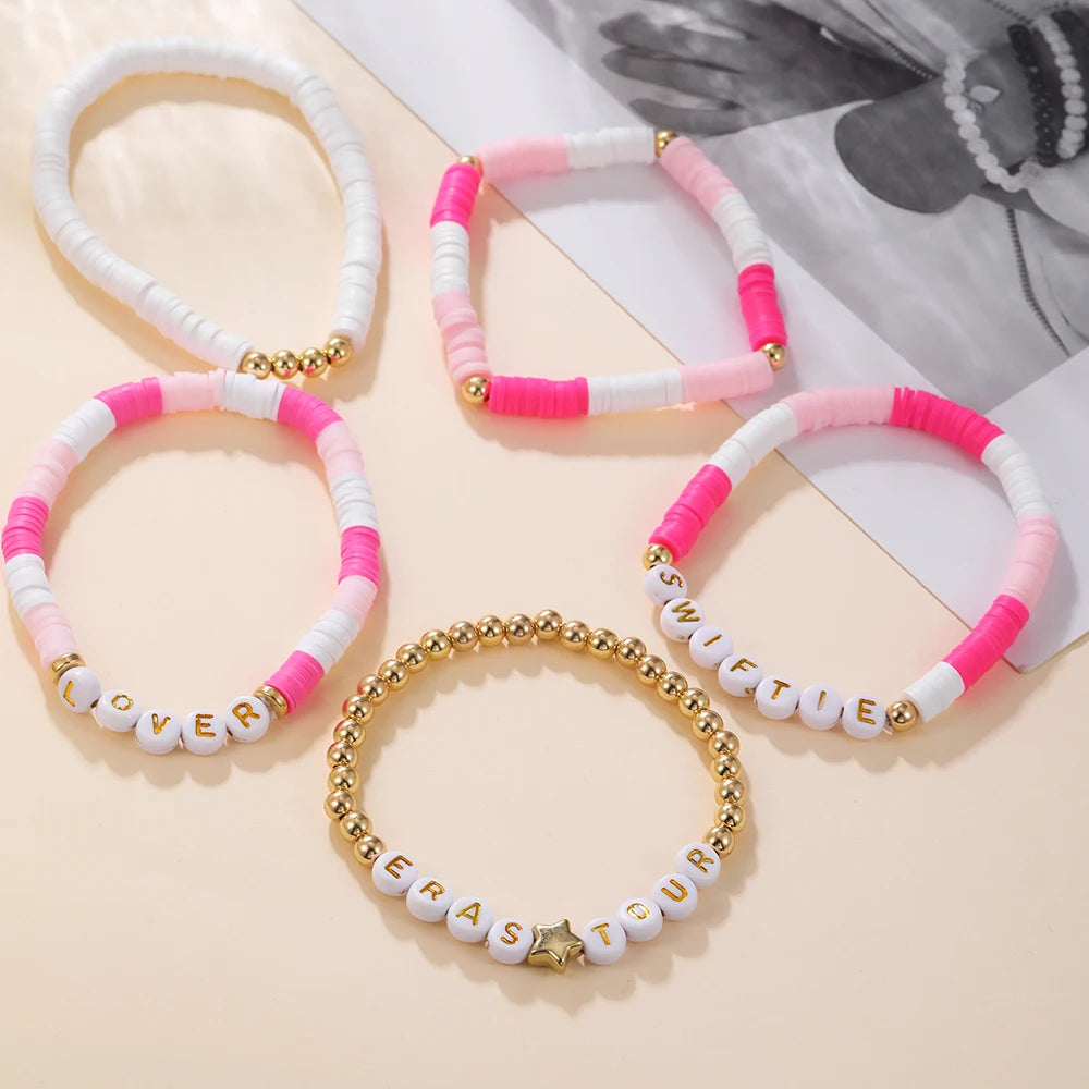 Nich Design Simple Fashion Bohemian Polymer Clay Letter Adjustable Stretch Bracelet Sets for Women Jewelry Star Lover Bracelet