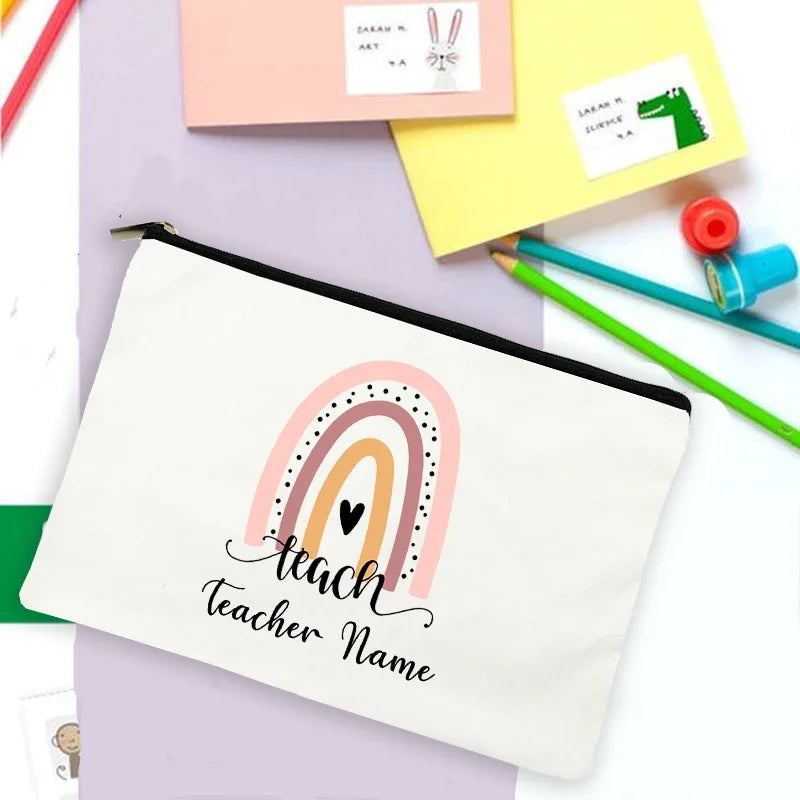 Rainbow Teacher Print Custom Name Personalized Supplies Storage Bags Travel Wash Pouch Makeup Bag Gifts Stationery Pencil Case